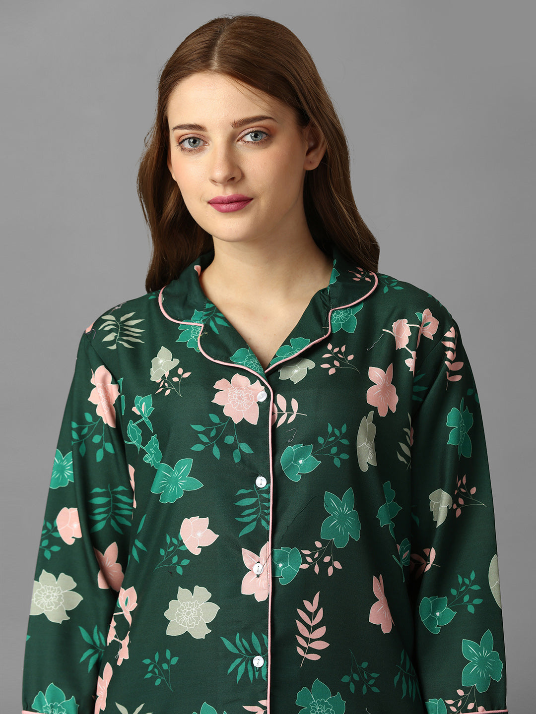 Florals On Green Print Nightsuit For Women