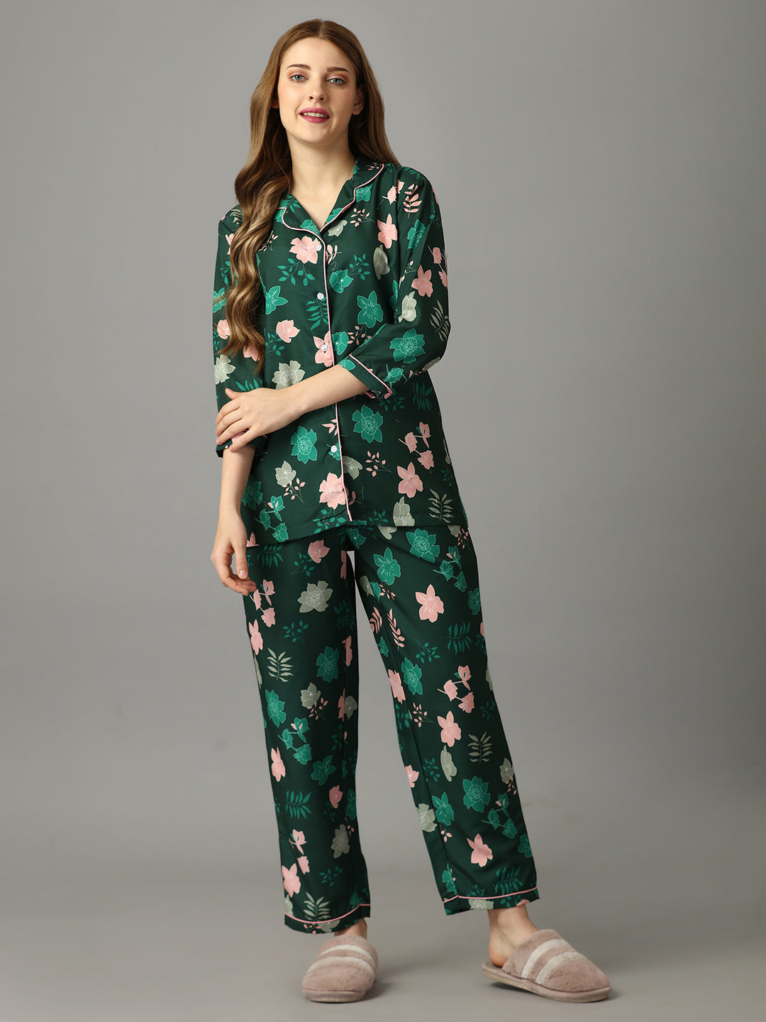 Bigg Boss 18 Florals On Green Print Nightsuit For Women With Free Scrunchies (BOGO)