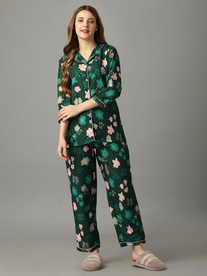 Bigg Boss 18 Florals On Green Print Nightsuit For Women With Free Scrunchies (BOGO)