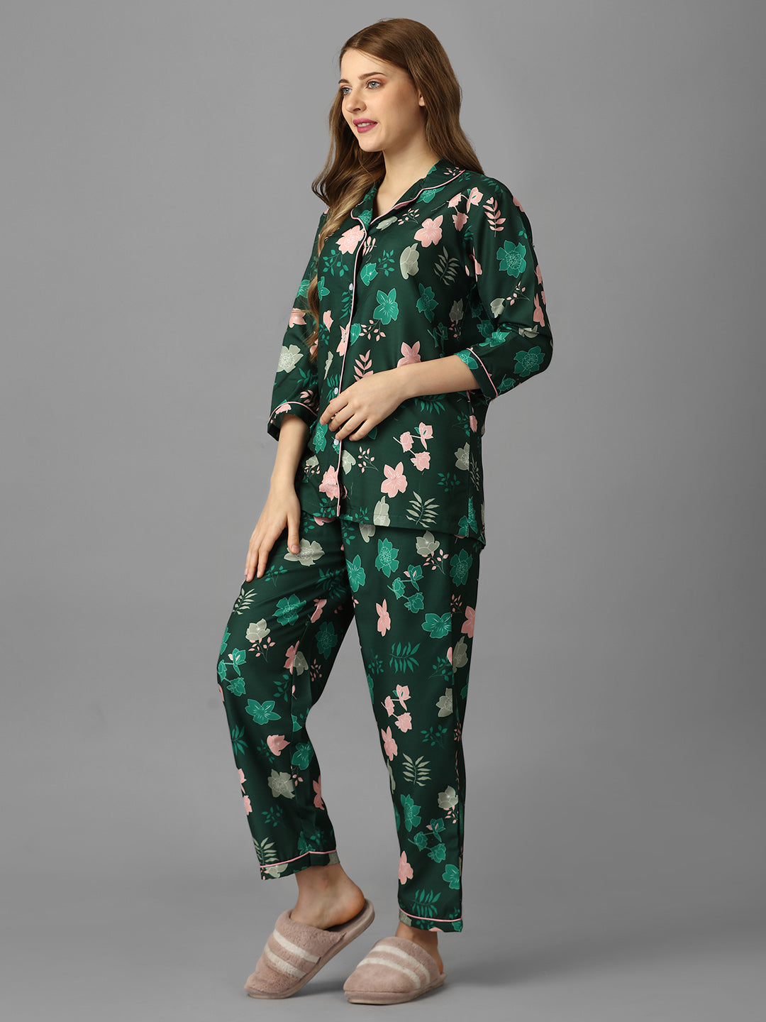 Bigg Boss 18 Florals On Green Print Nightsuit For Women With Free Scrunchies (BOGO)