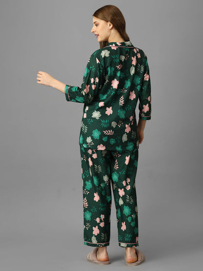 Bigg Boss 18 Florals On Green Print Nightsuit For Women With Free Scrunchies (BOGO)