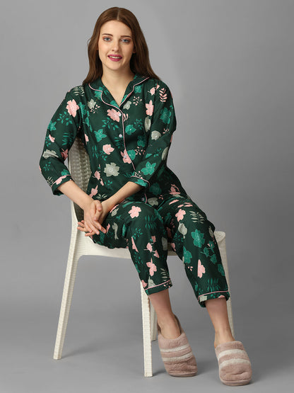 Bigg Boss 18 Florals On Green Print Nightsuit For Women With Free Scrunchies (BOGO)