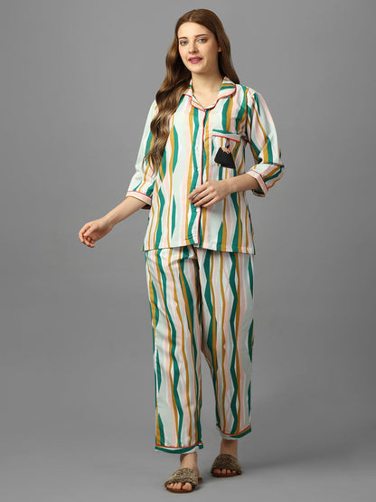 (BOGO) Boss Lady Stripes Printed Green Pyjama Set With Free Scrunchies (PACK OF 2)