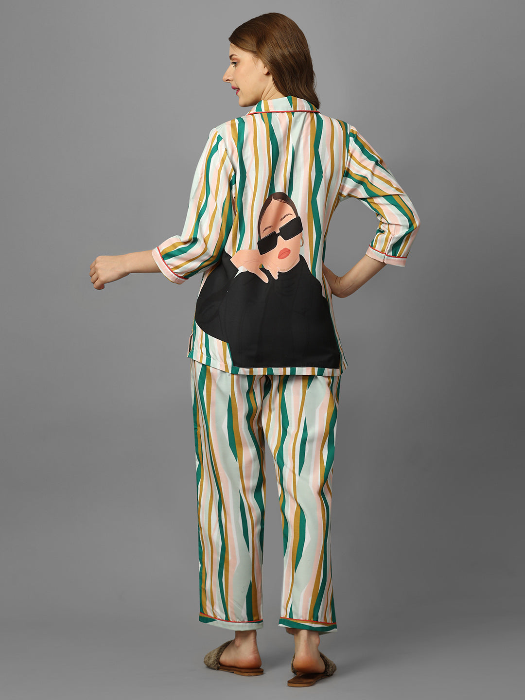 Boss Lady Stripes Printed Green Pyjama Set | Womens pjs