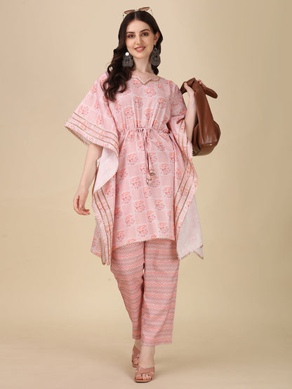 Pink Florals With Golden Touch Kaftan Sets For Womens