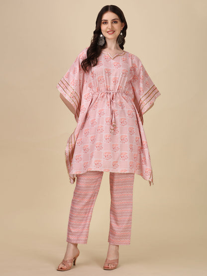 Pink Florals With Golden Touch Kaftan Sets For Womens