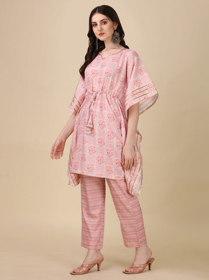 Pink Florals With Golden Touch Kaftan Sets For Womens