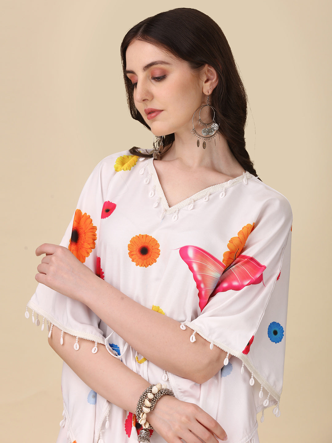 Butterfly Floral White Lurex Kaftan Set