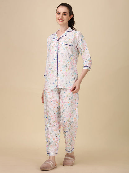 Florals On White Printed White Pyjama Set | Womens pjs