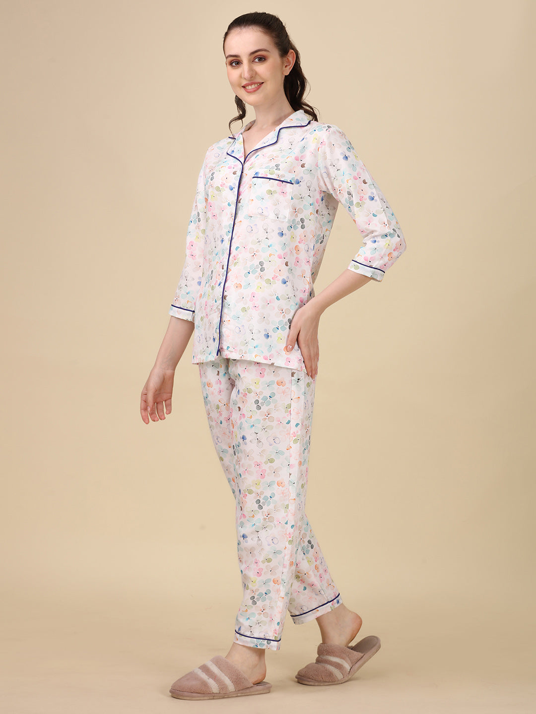 Florals On White Printed White Pyjama Set | Womens pjs