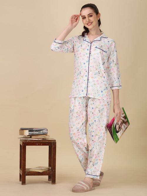 Florals On White Printed White Pyjama Set | Womens pjs