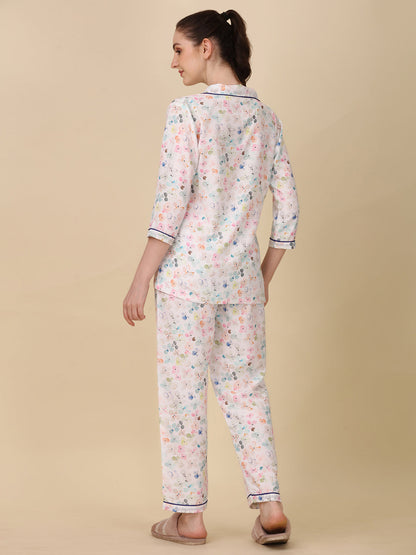 (BOGO) Florals On White Printed White Pyjama Set With Free Scrunchies