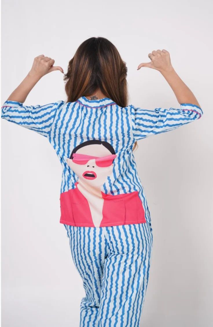 Boss Lady Back Printed Blue Payjama Set