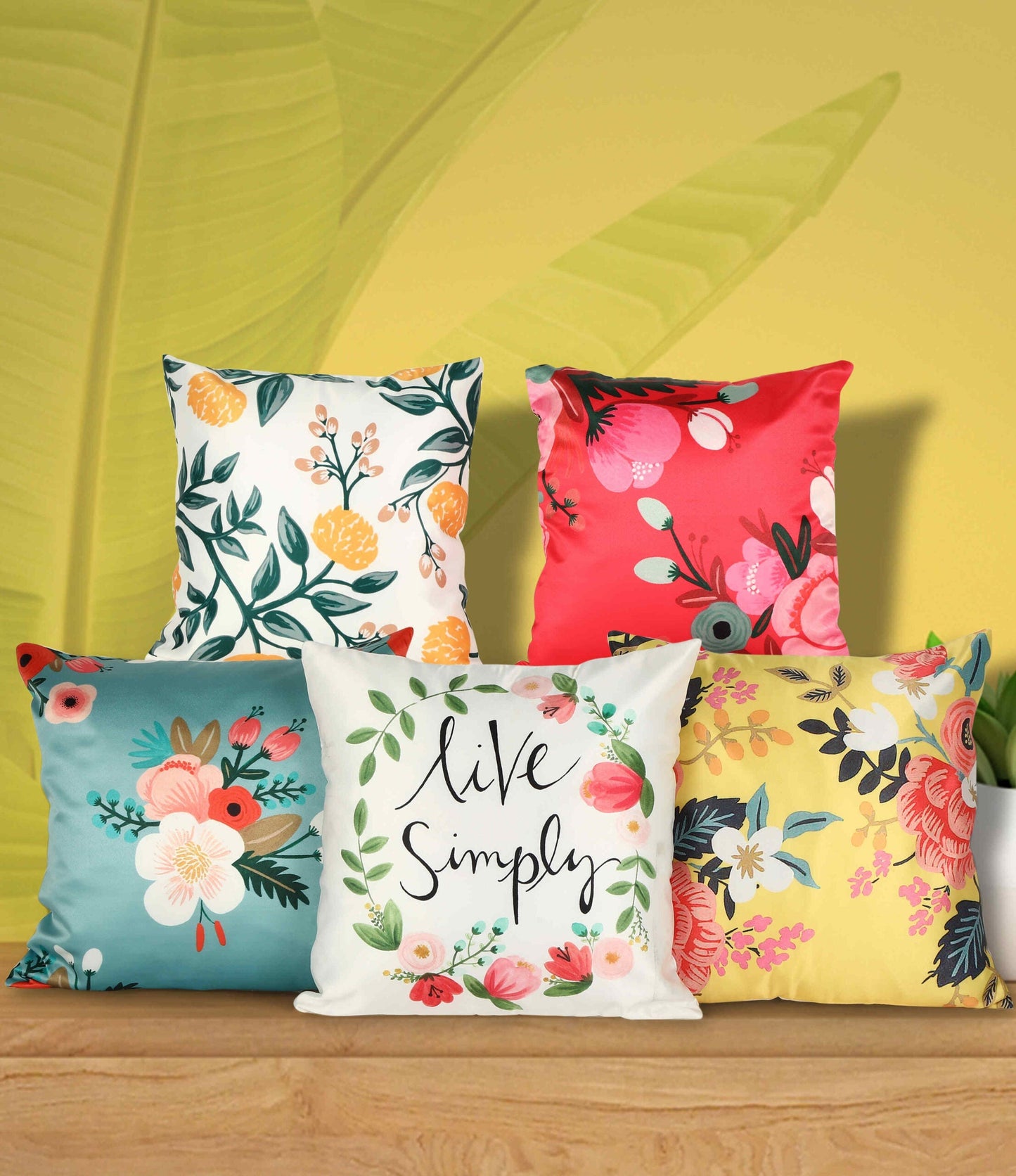 Beautiful Floral Print Satin Cushion Cover, Set Of 5