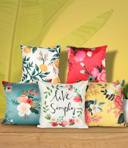 Beautiful Floral Print Satin Cushion Cover, Set Of 5