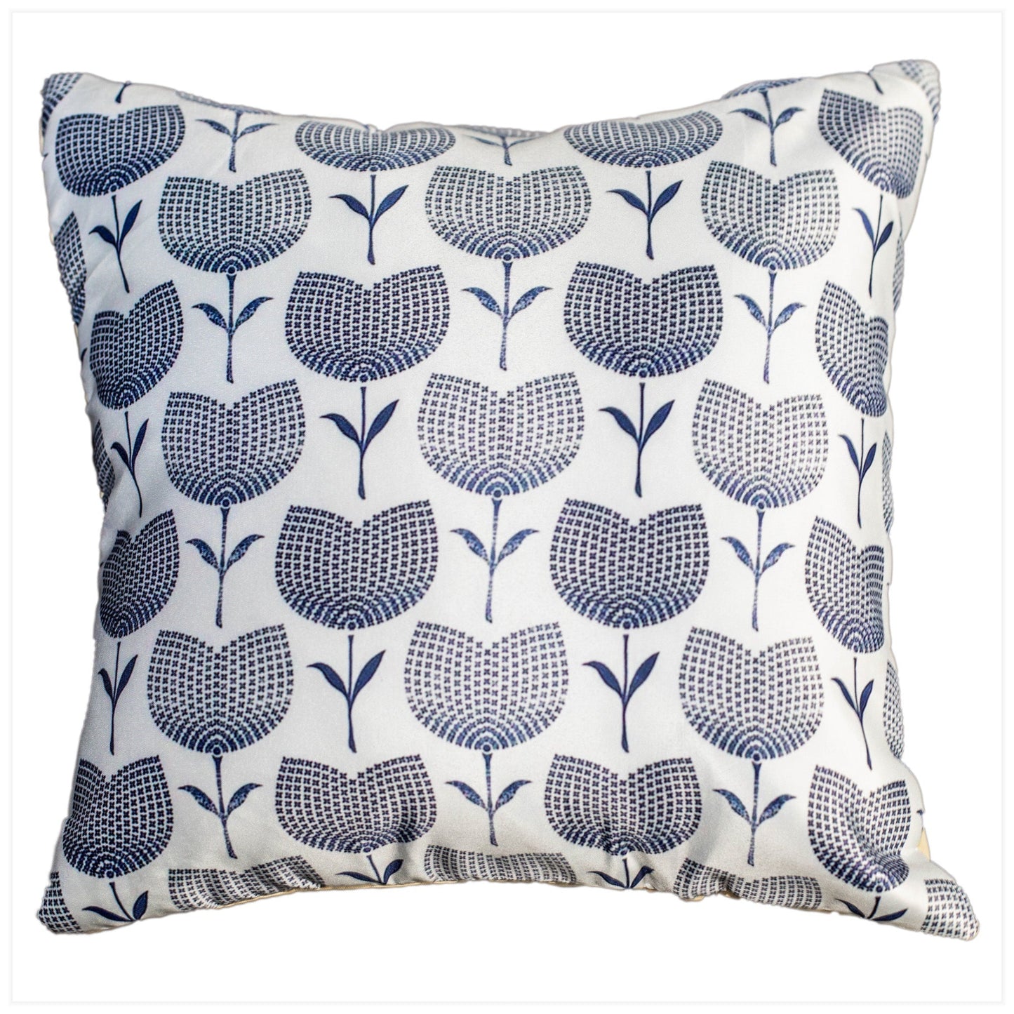 Geometric Blue and White Printed Satin Cushion Cover, Set of 5