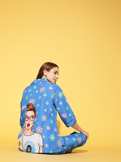 Swag Girl Back Printed Blue Pyjama Set | Womens pjs