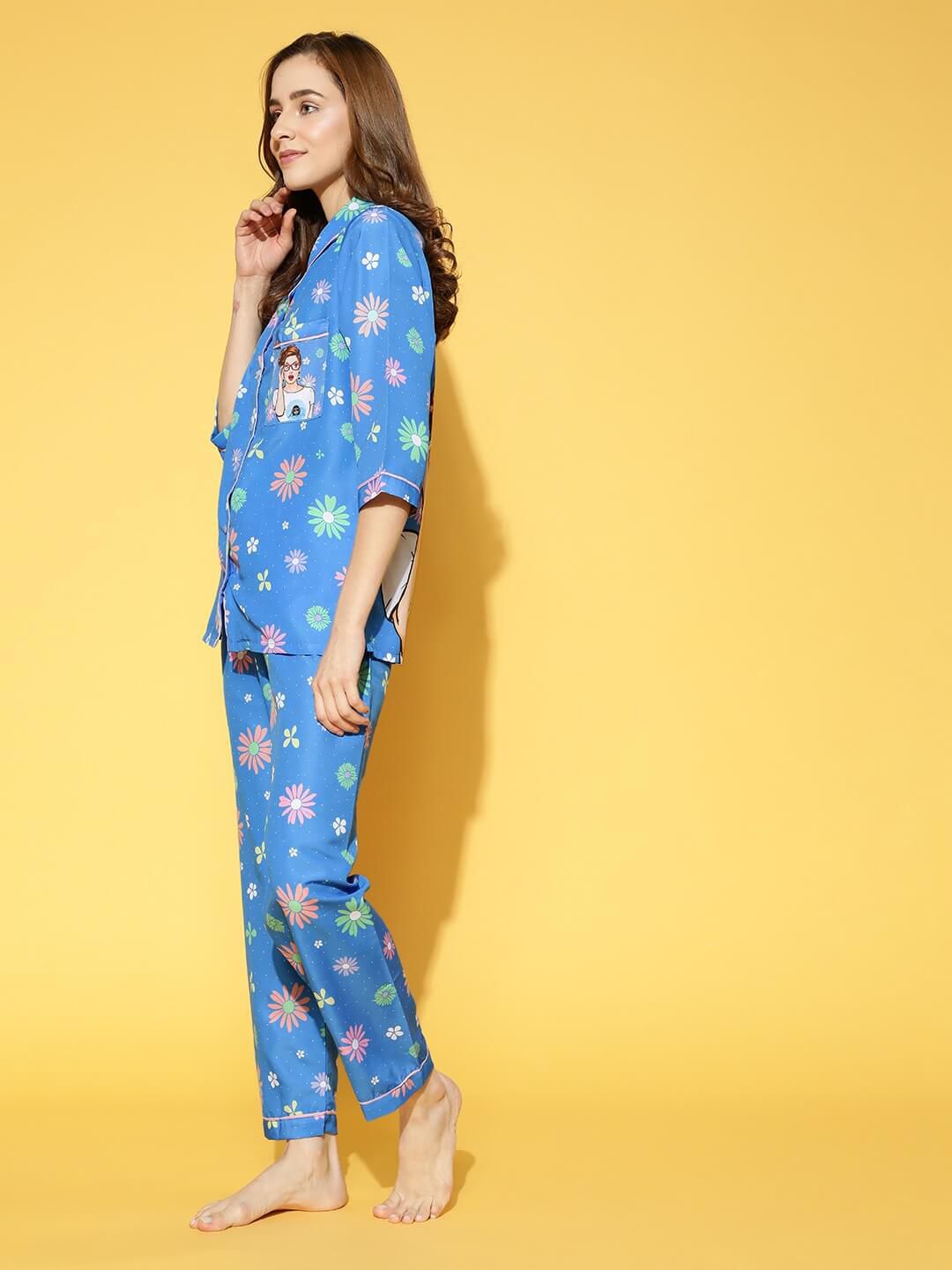 Swag Girl Back Printed Blue Pyjama Set | Womens pjs