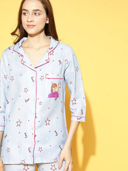 Drama Queen Back Printed Blue Pyjama Set| Womens pjs