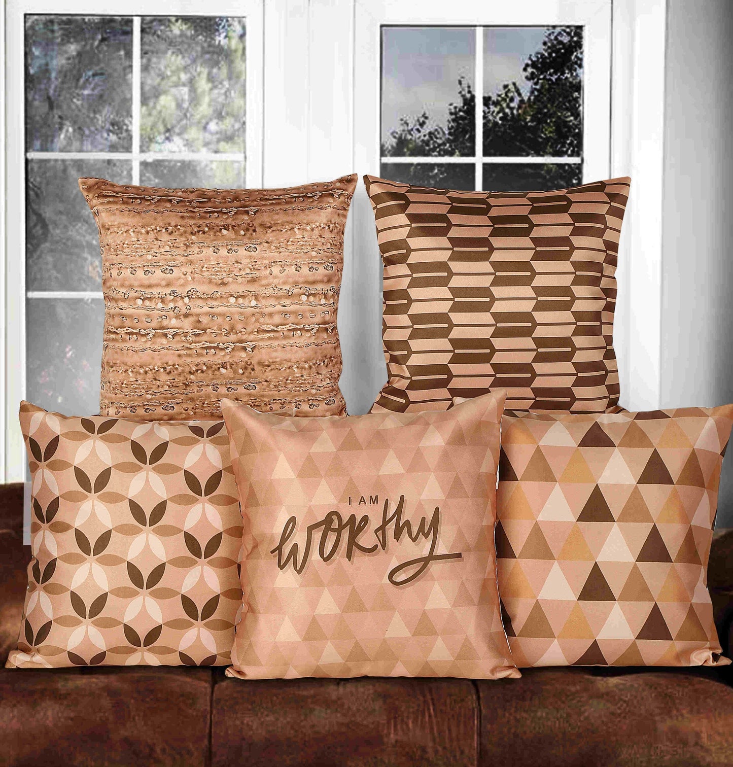 Brownie Chocolatey Satin HQ Cushion Cover, Set Of 5