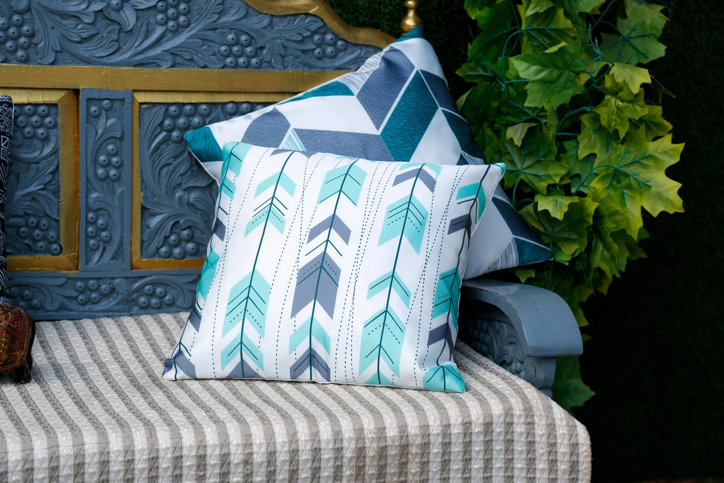 Geometrical Gaja Print Satin Cushion Cover, Set Of 5