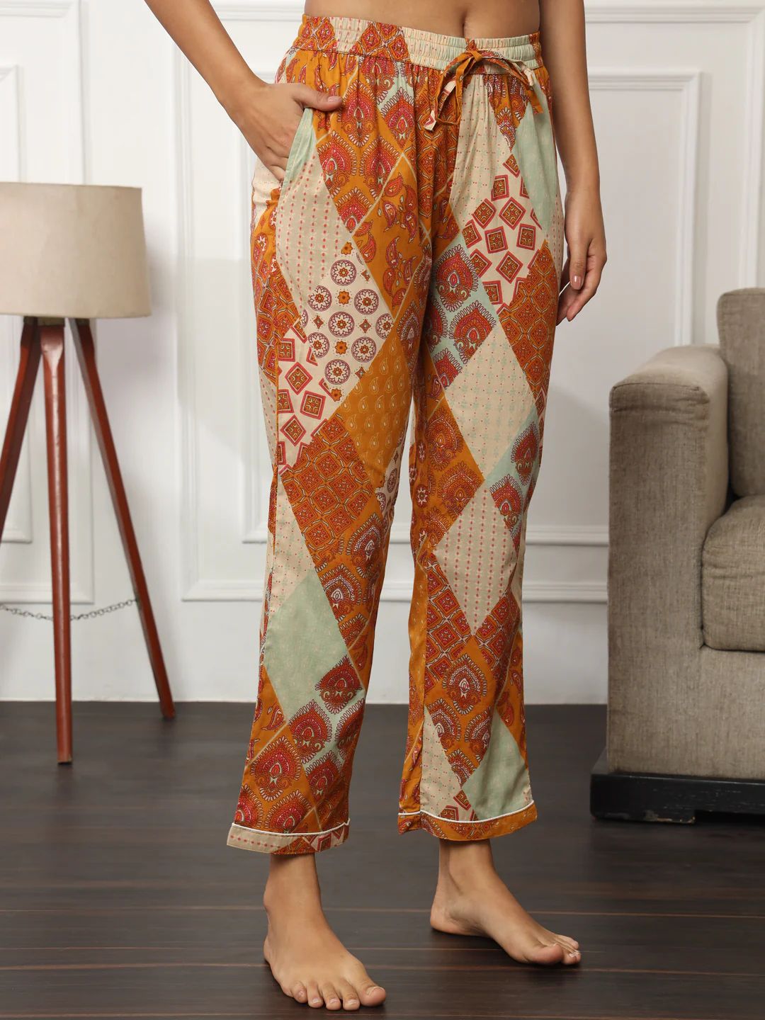 Printed Orange Ethnic PJ Set