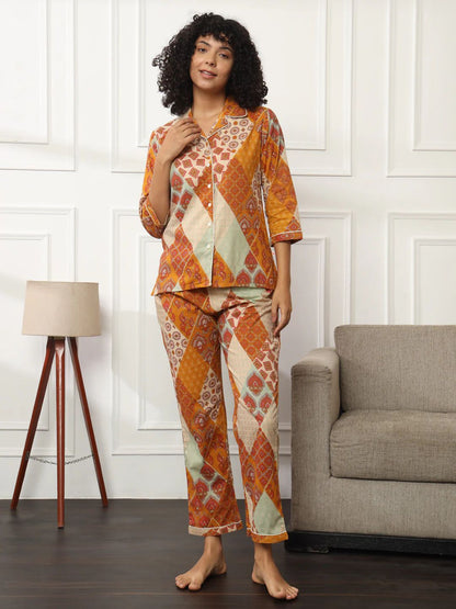 Printed Orange Ethnic PJ Set