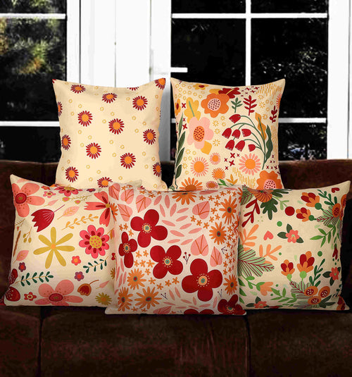 Creamy Petals Floral Print Cushion Cover, Set Of 5