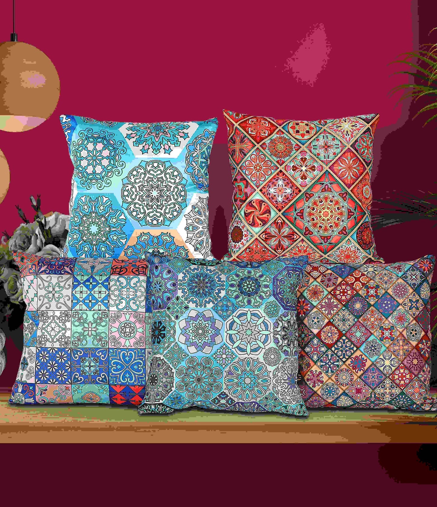 Ethnic Merhaba Printed Satin Cushion Covers, Set of 5