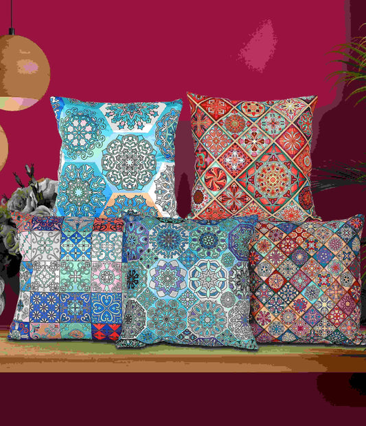 Ethnic Merhaba Printed Satin Cushion Covers, Set of 5