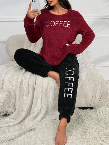 Embroidery Contrast Color Fleece Crew Neck Sweater And Pants  Set