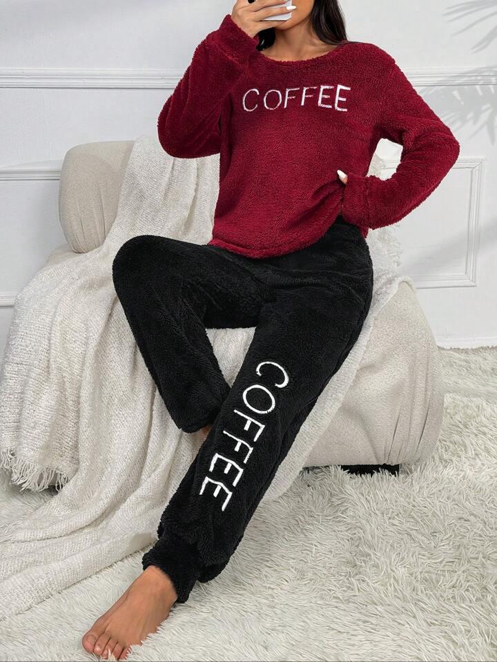 Embroidery Contrast Color Fleece Crew Neck Sweater And Pants  Set