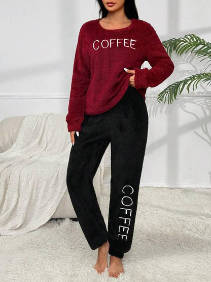 Embroidery Contrast Color Fleece Crew Neck Sweater And Pants  Set