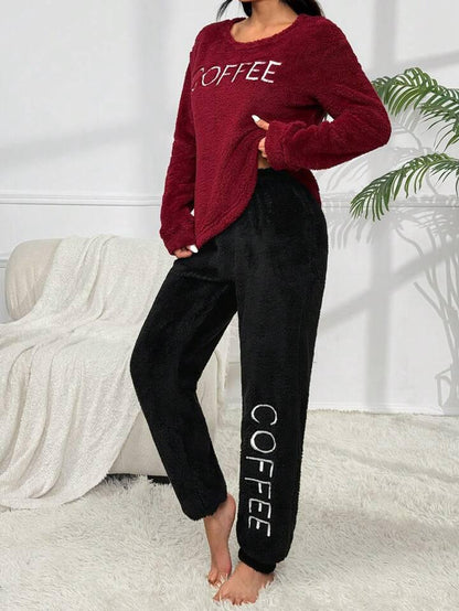 Embroidery Contrast Color Fleece Crew Neck Sweater And Pants  Set