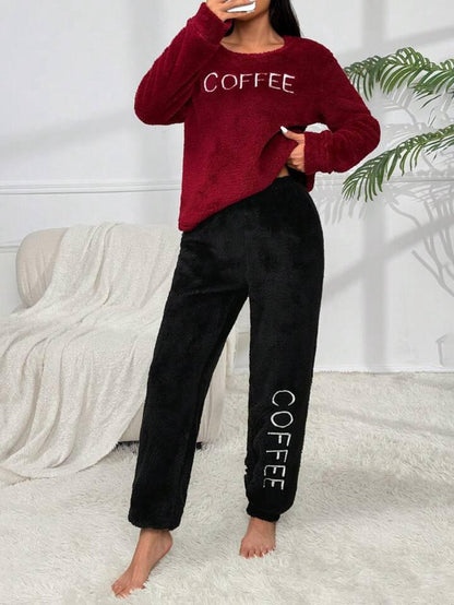 Embroidery Contrast Color Fleece Crew Neck Sweater And Pants  Set