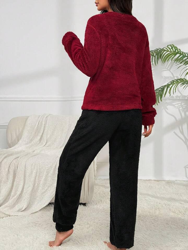 Embroidery Contrast Color Fleece Crew Neck Sweater And Pants  Set