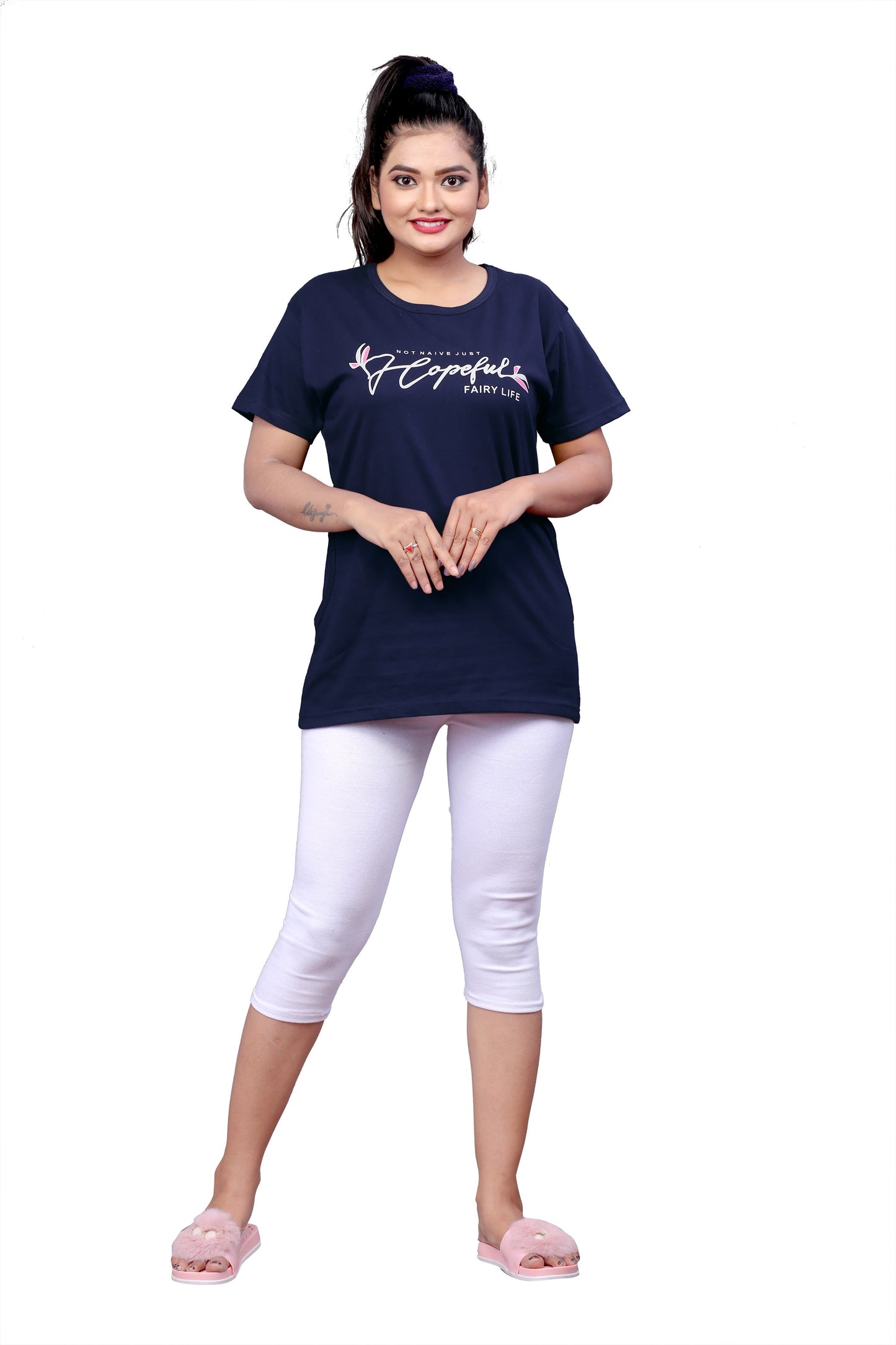 Women Printed Round Neck Cotton Blend Navy Blue T-Shirt