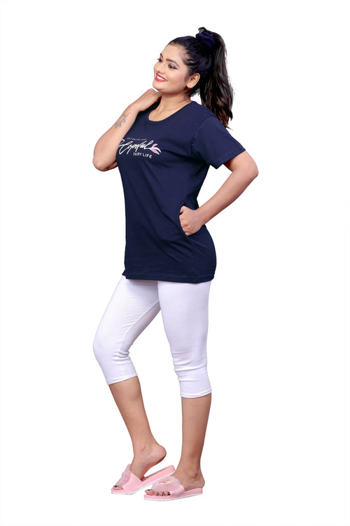 Women Printed Round Neck Cotton Blend Navy Blue T-Shirt