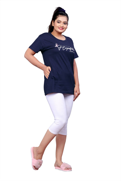 Women Printed Round Neck Cotton Blend Navy Blue T-Shirt