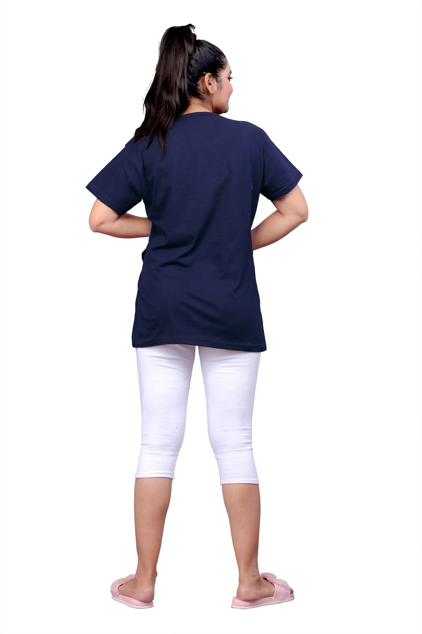 Women Printed Round Neck Cotton Blend Navy Blue T-Shirt