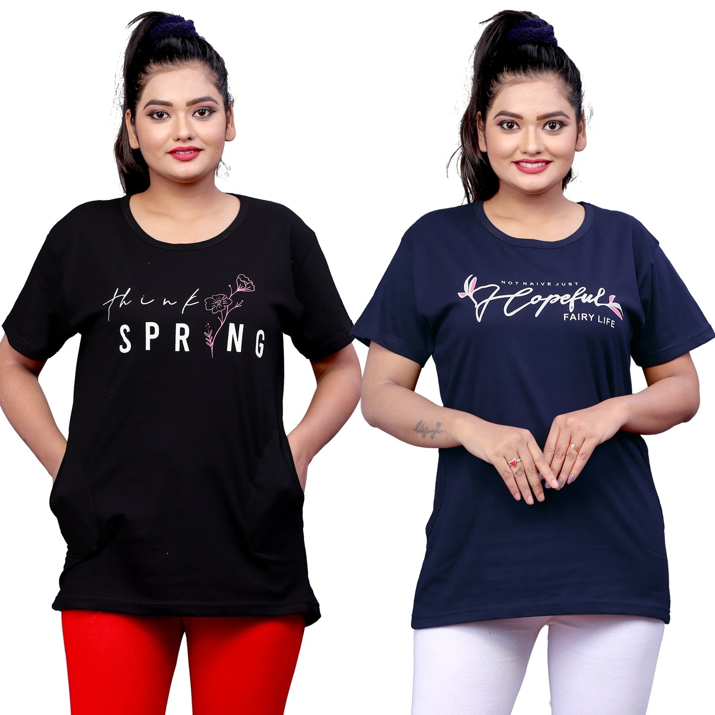 Women's Printed Regular Fit Short Sleeves Cotton T-Shirt (PACK OF 2)