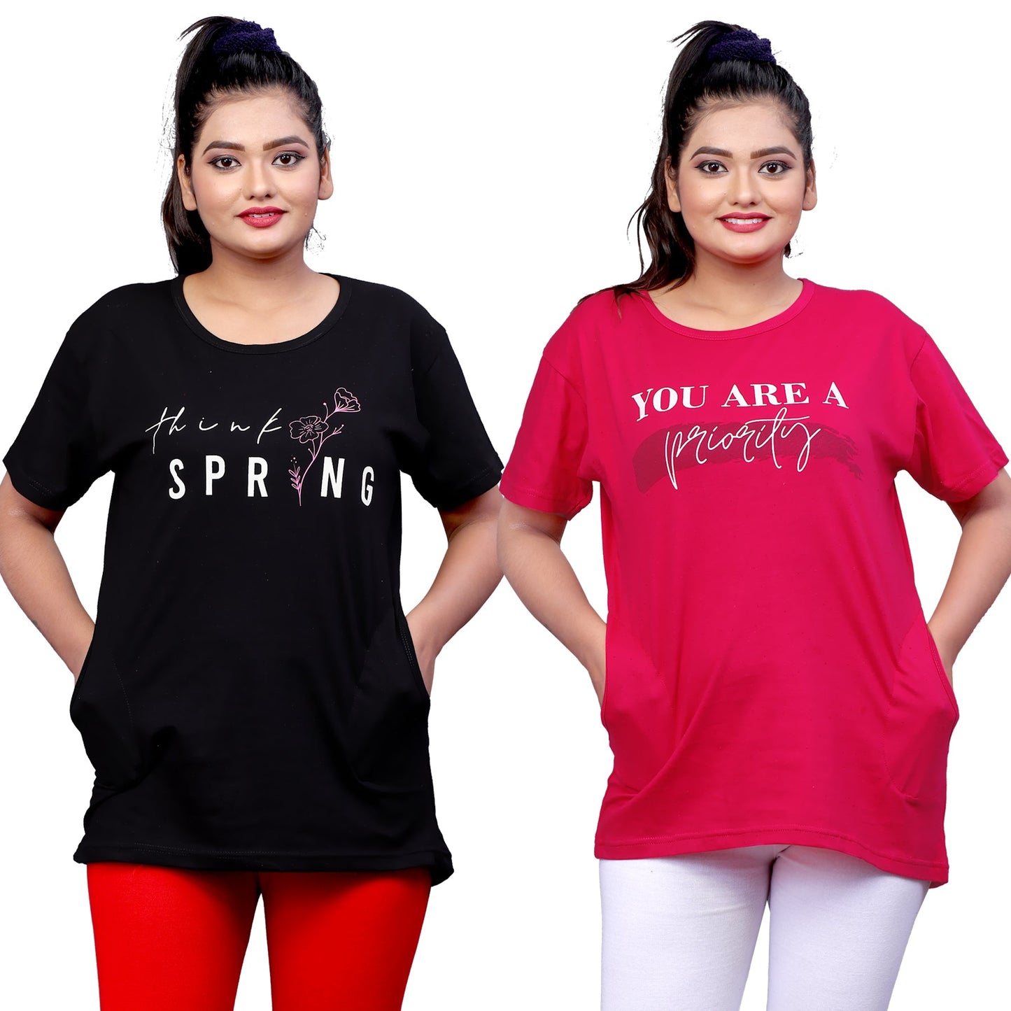 Women's Printed Regular Fit Short Sleeves Cotton T-Shirt (PACK OF 2)