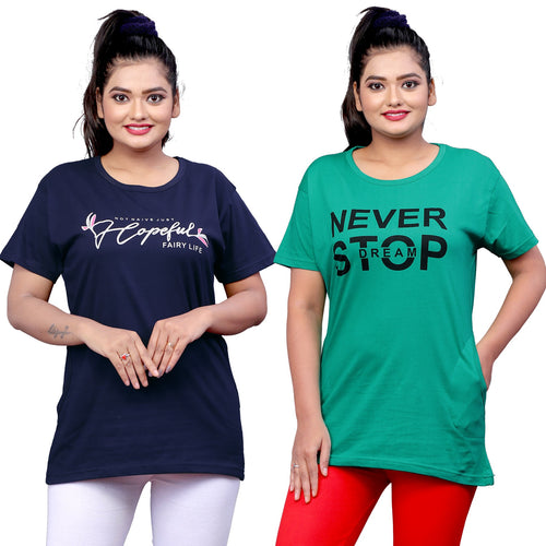 Women's Printed Regular Fit Short Sleeves Cotton T-Shirt (PACK OF 2)