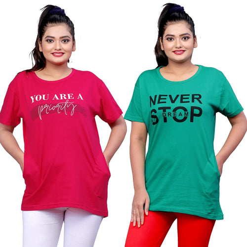 Women's Printed Regular Fit Short Sleeves Cotton T-Shirt (PACK OF 2)