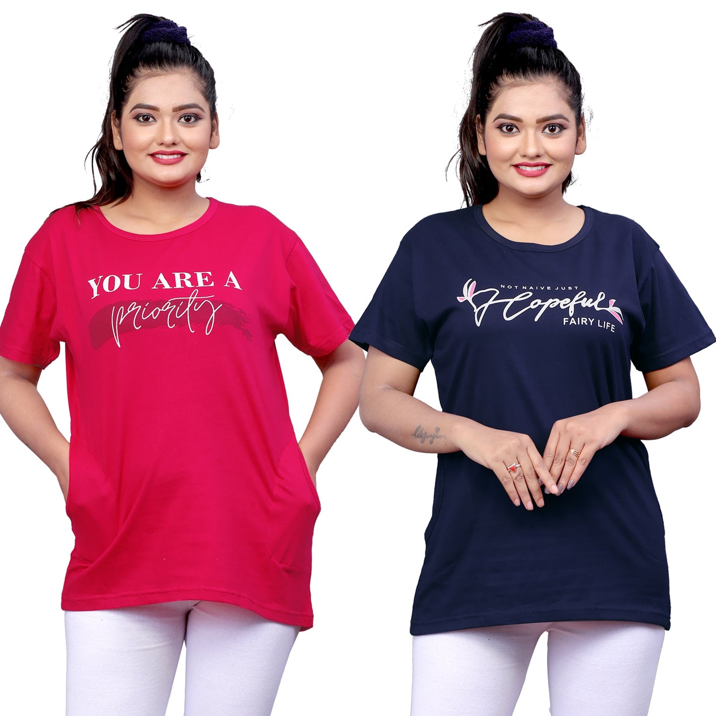 Women's Printed Regular Fit Short Sleeves Cotton T-Shirt (PACK OF 2)