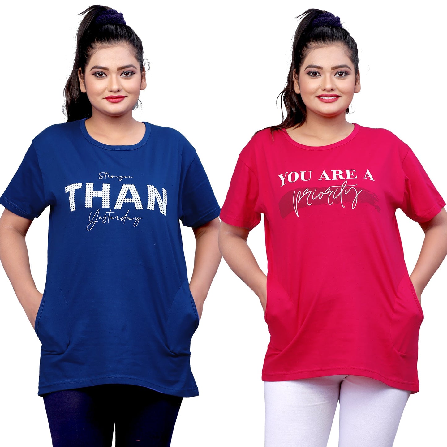 Women's Printed Regular Fit Short Sleeves Cotton T-Shirt (PACK OF 2)