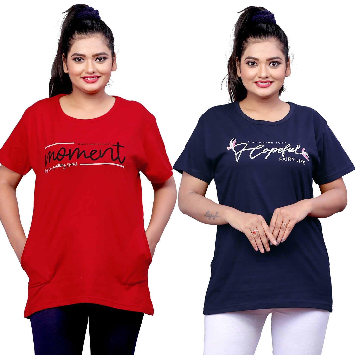 Women's Printed Regular Fit Short Sleeves Cotton T-Shirt (PACK OF 2)