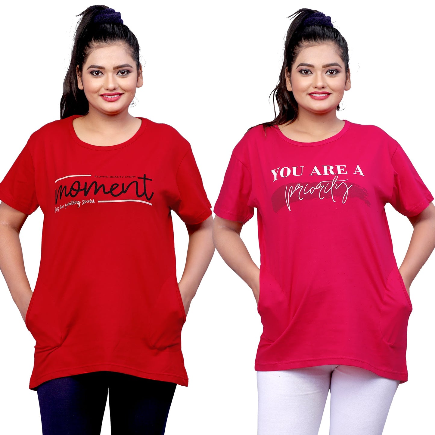 Women's Printed Regular Fit Short Sleeves Cotton T-Shirt (PACK OF 2)