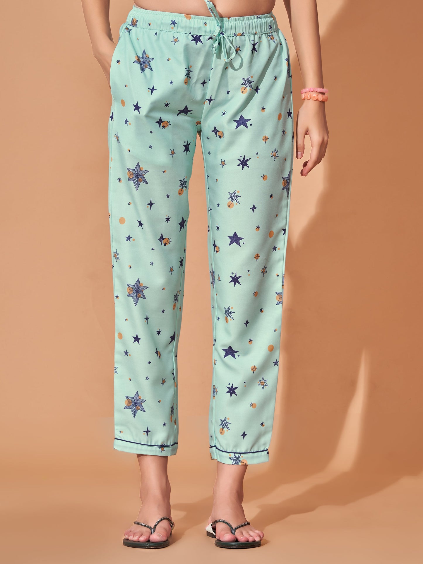 (BOGO) Star Girl Back Printed Green Stripes Pyjama Set With Free Scrunchies