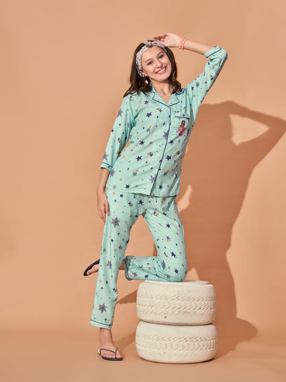 Star Girl Back Printed Green Stripes Pyjama Set| Womens pjs